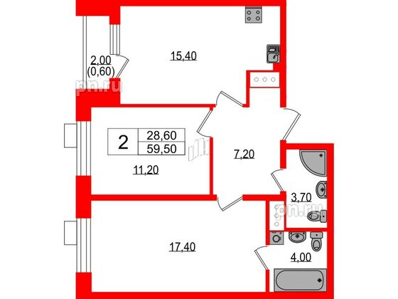 Квартира в ЖК Парусная 1, 2 комнатная, 59.5 м², 7 этаж