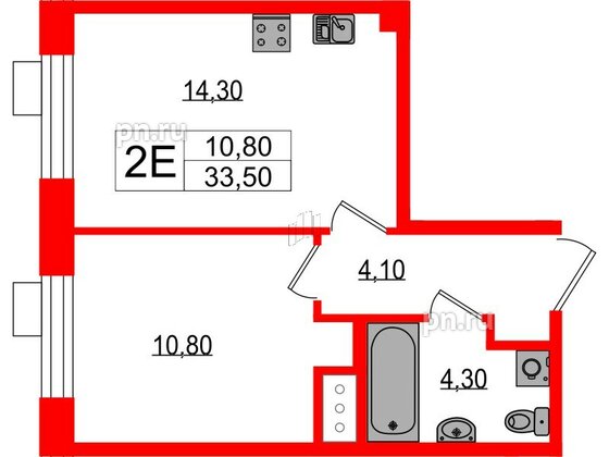 Квартира в ЖК Парусная 1, 1 комнатная, 33.5 м², 2 этаж