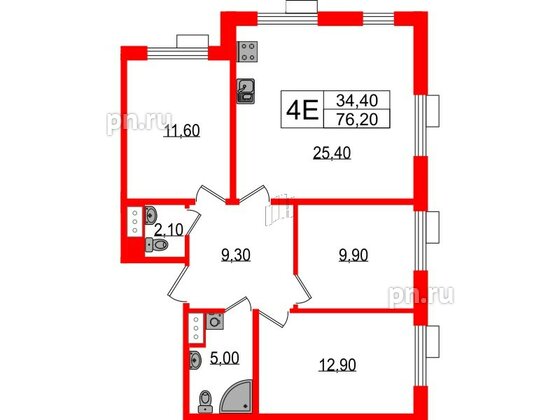 Квартира в ЖК Парусная 1, 3 комнатная, 76.2 м², 3 этаж