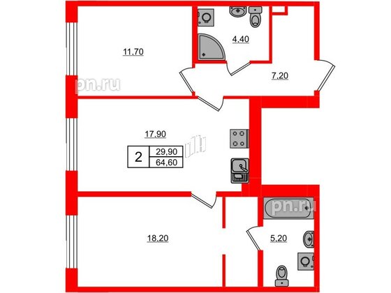 Квартира в ЖК Парусная 1, 2 комнатная, 64.6 м², 2 этаж