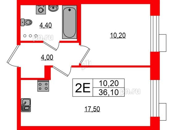 Квартира в ЖК Парусная 1, 1 комнатная, 36.1 м², 7 этаж