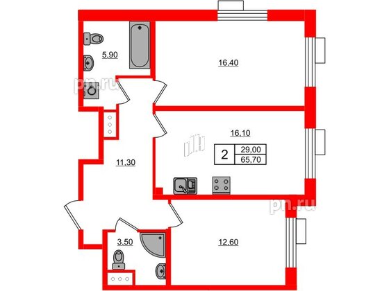 Квартира в ЖК Парусная 1, 2 комнатная, 65.7 м², 2 этаж