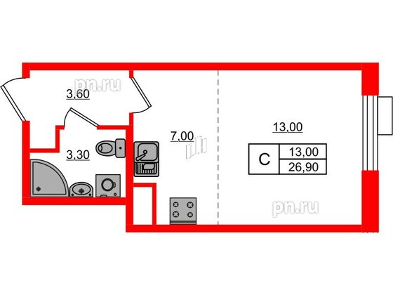 Квартира в ЖК Парусная 1, студия, 26.9 м², 3 этаж