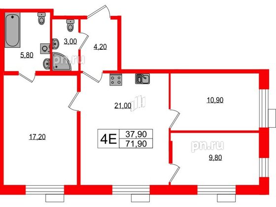 Квартира в ЖК Парусная 1, 3 комнатная, 71.9 м², 2 этаж