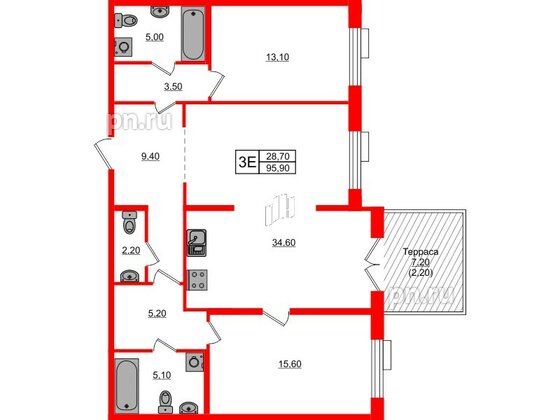 Квартира в ЖК Парусная 1, 2 комнатная, 95.9 м², 1 этаж