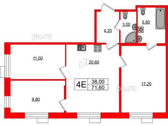 Квартира в ЖК Парусная 1, 3 комнатная, 71.6 м², 2 этаж