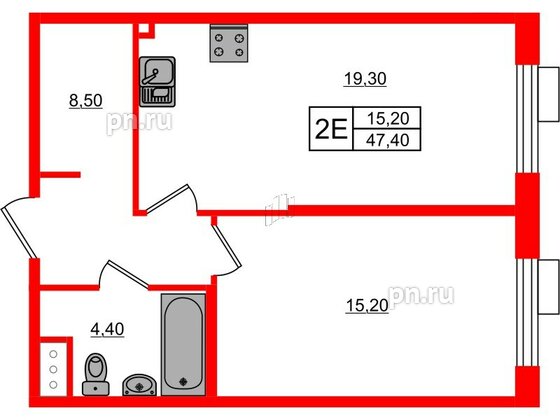 Квартира в ЖК Парусная 1, 1 комнатная, 47.4 м², 2 этаж