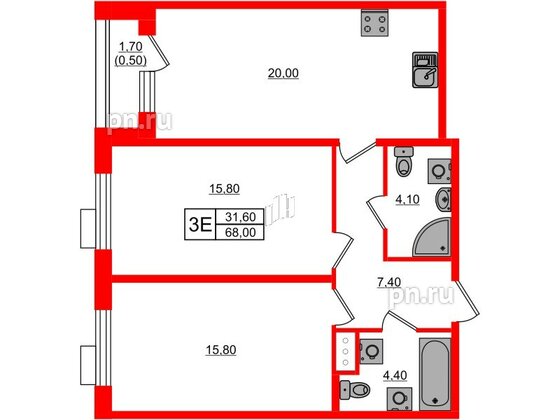 Квартира в ЖК Парусная 1, 2 комнатная, 68 м², 2 этаж