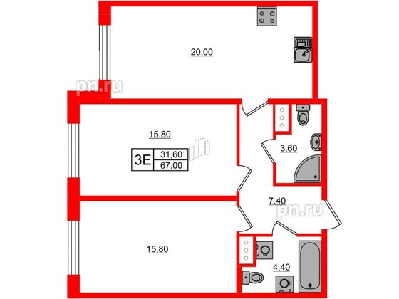 Квартира в ЖК Парусная 1, 2 комнатная, 67 м², 3 этаж