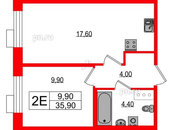 Квартира в ЖК Парусная 1, 1 комнатная, 35.9 м², 3 этаж