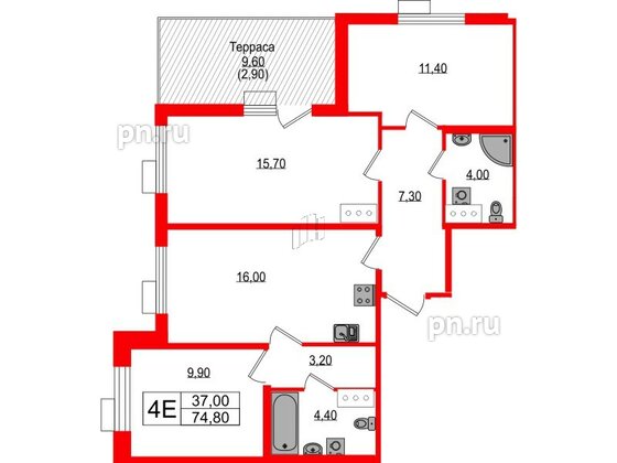 Квартира в ЖК Парусная 1, 3 комнатная, 74.8 м², 12 этаж