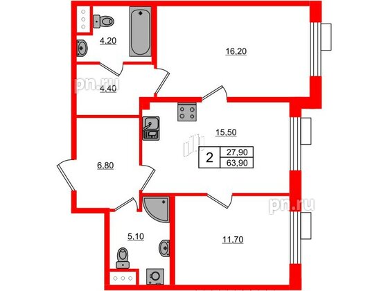 Квартира в ЖК Парусная 1, 2 комнатная, 63.9 м², 2 этаж