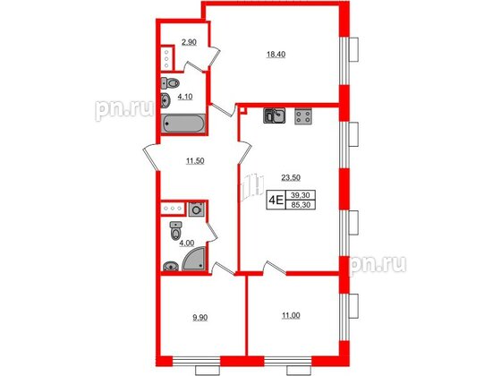 Квартира в ЖК Парусная 1, 3 комнатная, 85.3 м², 4 этаж