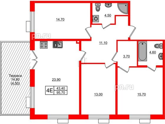 Квартира в ЖК Парусная 1, 3 комнатная, 95.7 м², 1 этаж