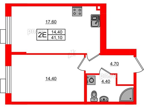 Квартира в ЖК Парусная 1, 1 комнатная, 41.1 м², 2 этаж