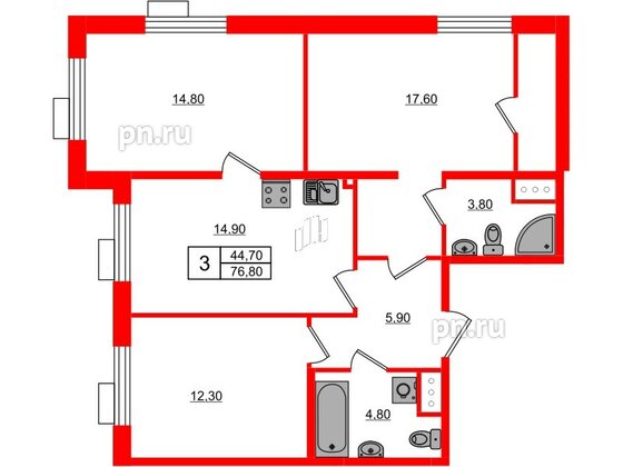 Квартира в ЖК Парусная 1, 3 комнатная, 76.8 м², 4 этаж