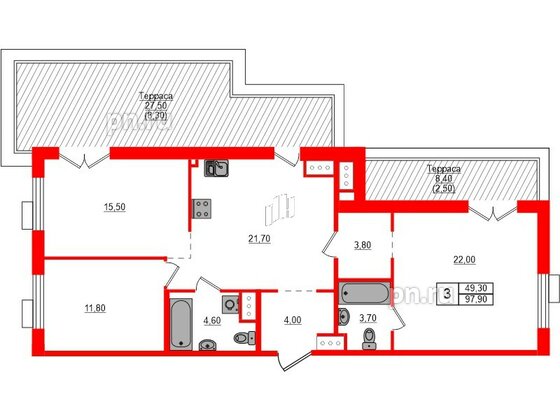 Квартира в ЖК Парусная 1, 3 комнатная, 97.9 м², 6 этаж