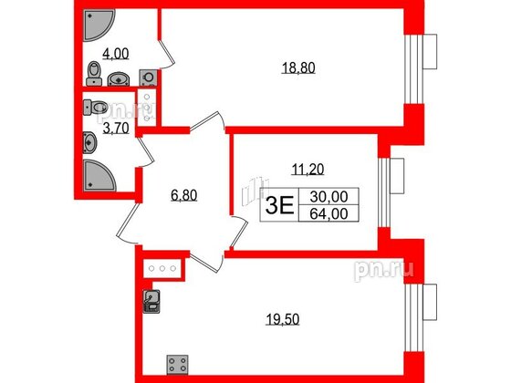 Квартира в ЖК Парусная 1, 2 комнатная, 64 м², 2 этаж