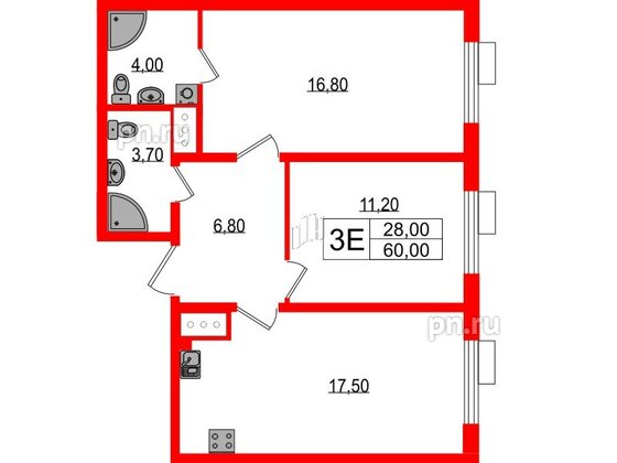 Квартира в ЖК Парусная 1, 2 комнатная, 60 м², 7 этаж