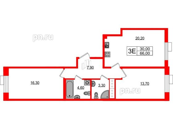 Квартира в ЖК Парусная 1, 2 комнатная, 66 м², 2 этаж