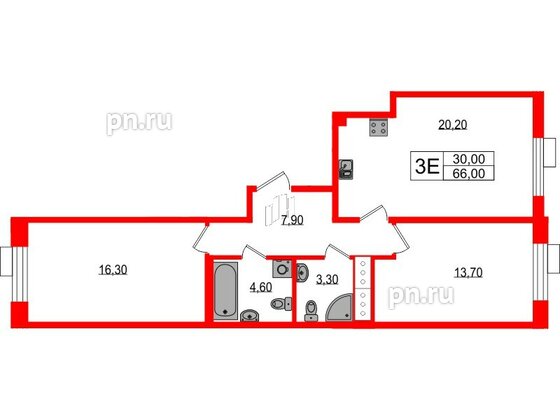 Квартира в ЖК Парусная 1, 2 комнатная, 66 м², 4 этаж