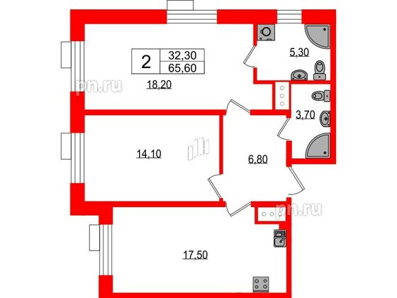 Квартира в ЖК Парусная 1, 2 комнатная, 65.6 м², 4 этаж