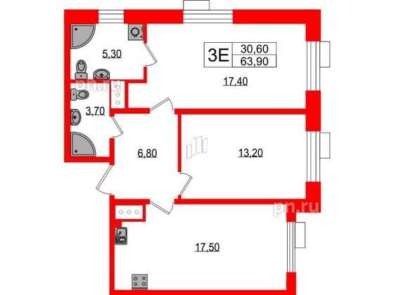 Квартира в ЖК Парусная 1, 2 комнатная, 63.9 м², 4 этаж