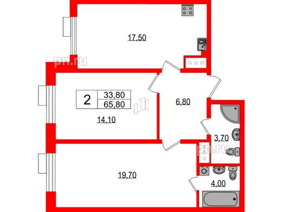 Квартира в ЖК Парусная 1, 2 комнатная, 65.8 м², 2 этаж