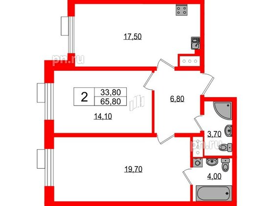 Квартира в ЖК Парусная 1, 2 комнатная, 65.8 м², 4 этаж