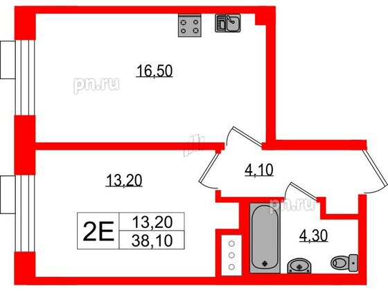 Квартира в ЖК Парусная 1, 1 комнатная, 38.1 м², 6 этаж