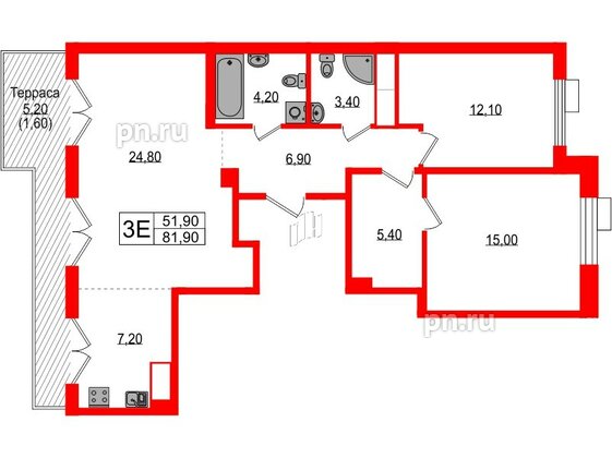 Квартира в ЖК Парусная 1, 2 комнатная, 81.9 м², 8 этаж