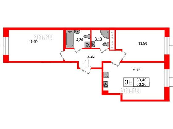 Квартира в ЖК Парусная 1, 2 комнатная, 66.2 м², 2 этаж