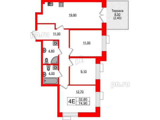 Квартира в ЖК Парусная 1, 3 комнатная, 74.9 м², 1 этаж