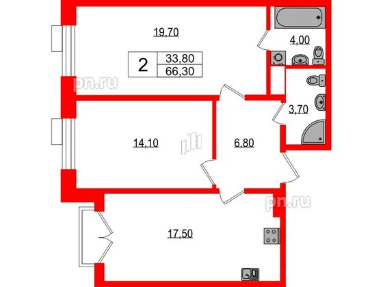 Квартира в ЖК Парусная 1, 2 комнатная, 66.3 м², 2 этаж