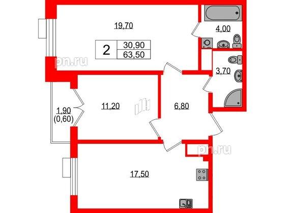 Квартира в ЖК Парусная 1, 2 комнатная, 63.5 м², 7 этаж