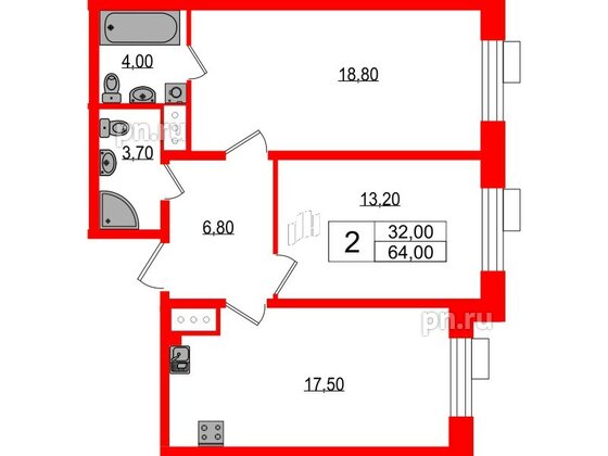 Квартира в ЖК Парусная 1, 2 комнатная, 64 м², 2 этаж