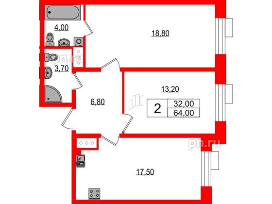 Квартира в ЖК Парусная 1, 2 комнатная, 64 м², 4 этаж