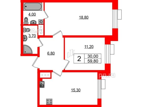 Квартира в ЖК Парусная 1, 2 комнатная, 59.8 м², 7 этаж