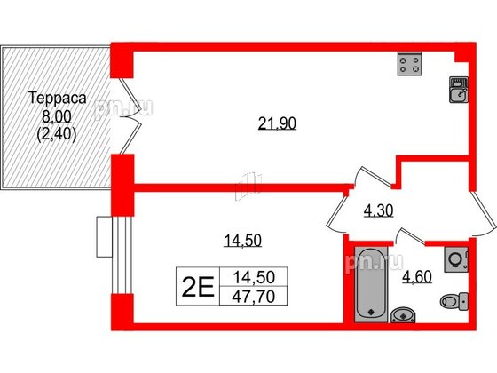 Квартира в ЖК Парусная 1, 1 комнатная, 47.7 м², 1 этаж