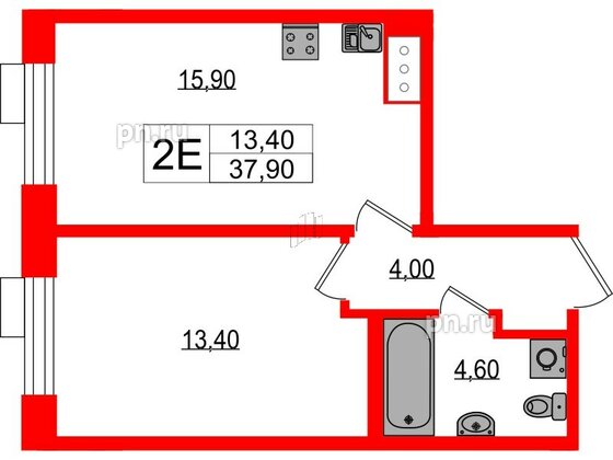 Квартира в ЖК Парусная 1, 1 комнатная, 37.9 м², 2 этаж