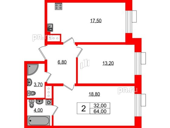 Квартира в ЖК Парусная 1, 2 комнатная, 64 м², 2 этаж