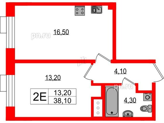 Квартира в ЖК Парусная 1, 1 комнатная, 38.1 м², 2 этаж