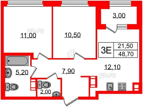 Квартира в ЖК Куинджи, 2 комнатная, 48.7 м², 4 этаж