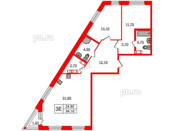 Квартира в ЖК Куинджи, 2 комнатная, 85.3 м², 2 этаж