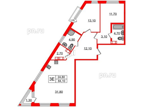 Квартира в ЖК Куинджи, 2 комнатная, 84.1 м², 3 этаж