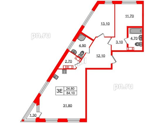 Квартира в ЖК Куинджи, 2 комнатная, 84.1 м², 4 этаж