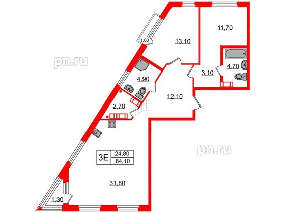 Квартира в ЖК Куинджи, 2 комнатная, 84.1 м², 5 этаж