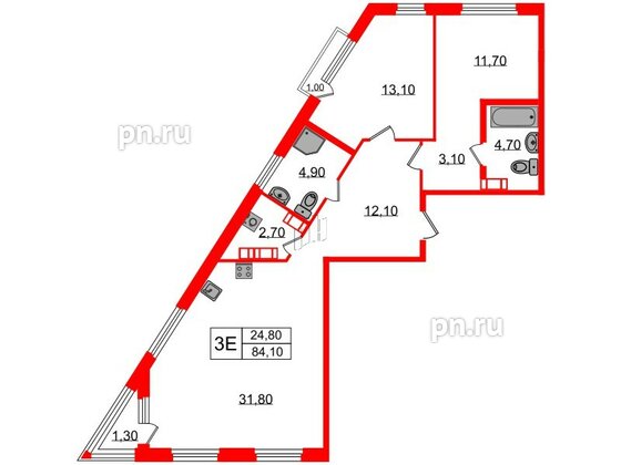 Квартира в ЖК Куинджи, 2 комнатная, 84.1 м², 11 этаж