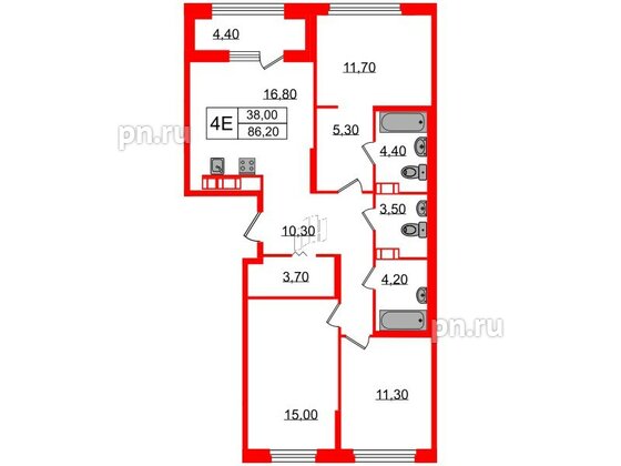 Квартира в ЖК Куинджи, 3 комнатная, 86.2 м², 4 этаж