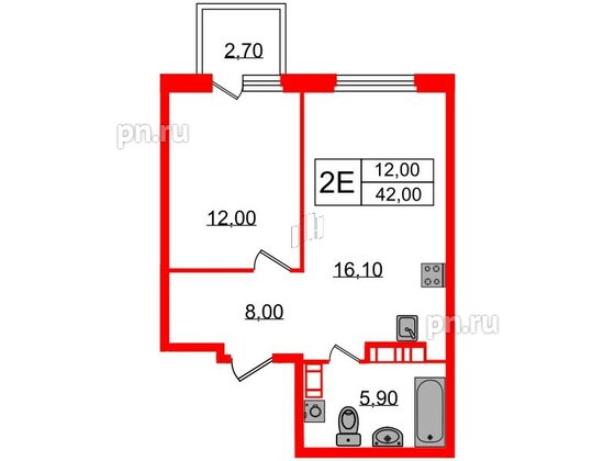 Квартира в ЖК Куинджи, 1 комнатная, 42 м², 7 этаж